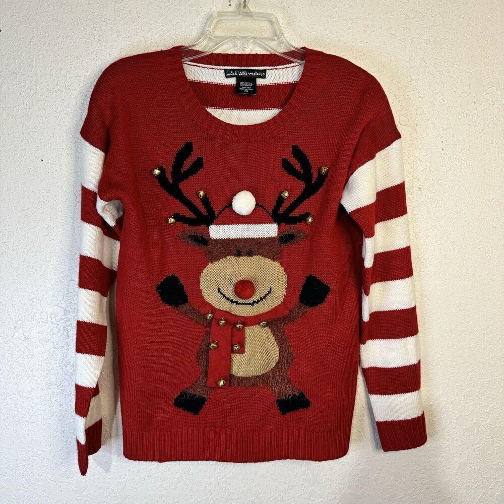 Ugly Christmas Sweater‎ Red Long Sleeve Knit Embellished Reindeer Bells Size M